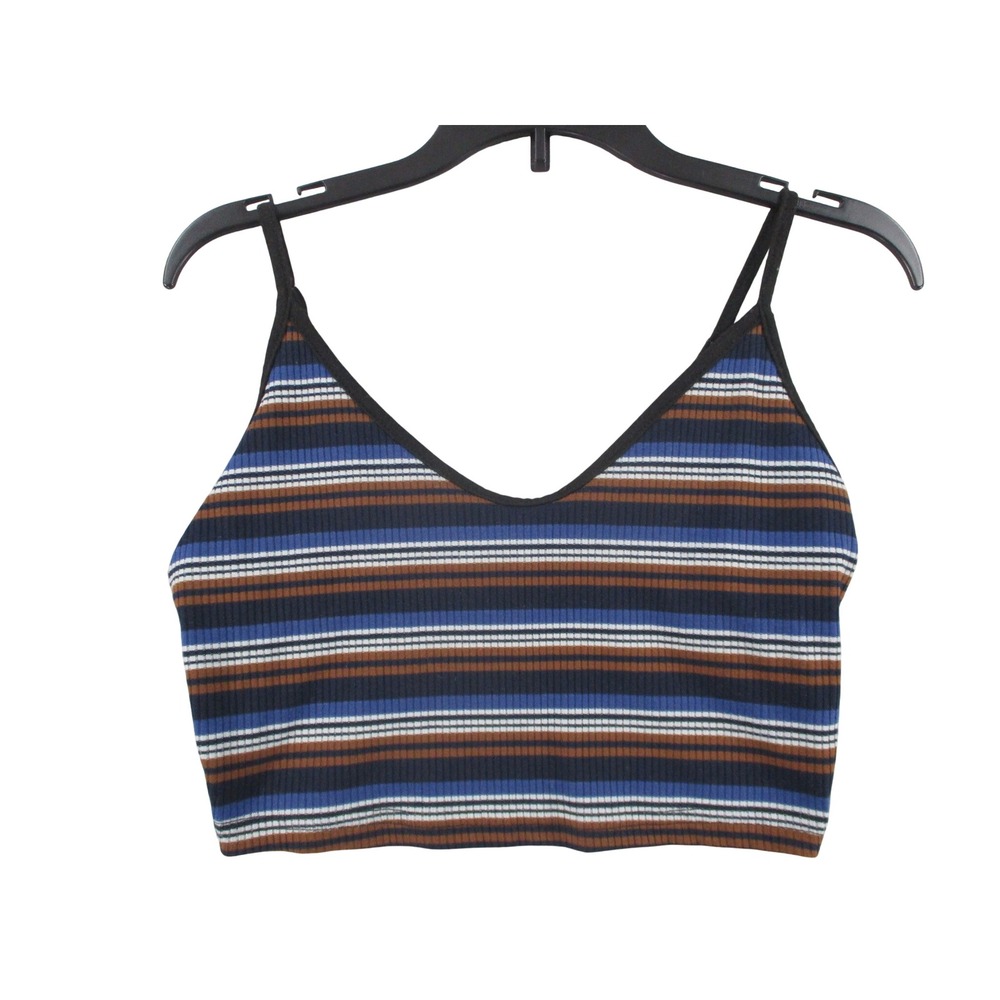 SHEIN Women Blue Brown Striped Ribbed Knit Cami Crop Top Small Adjustable Straps